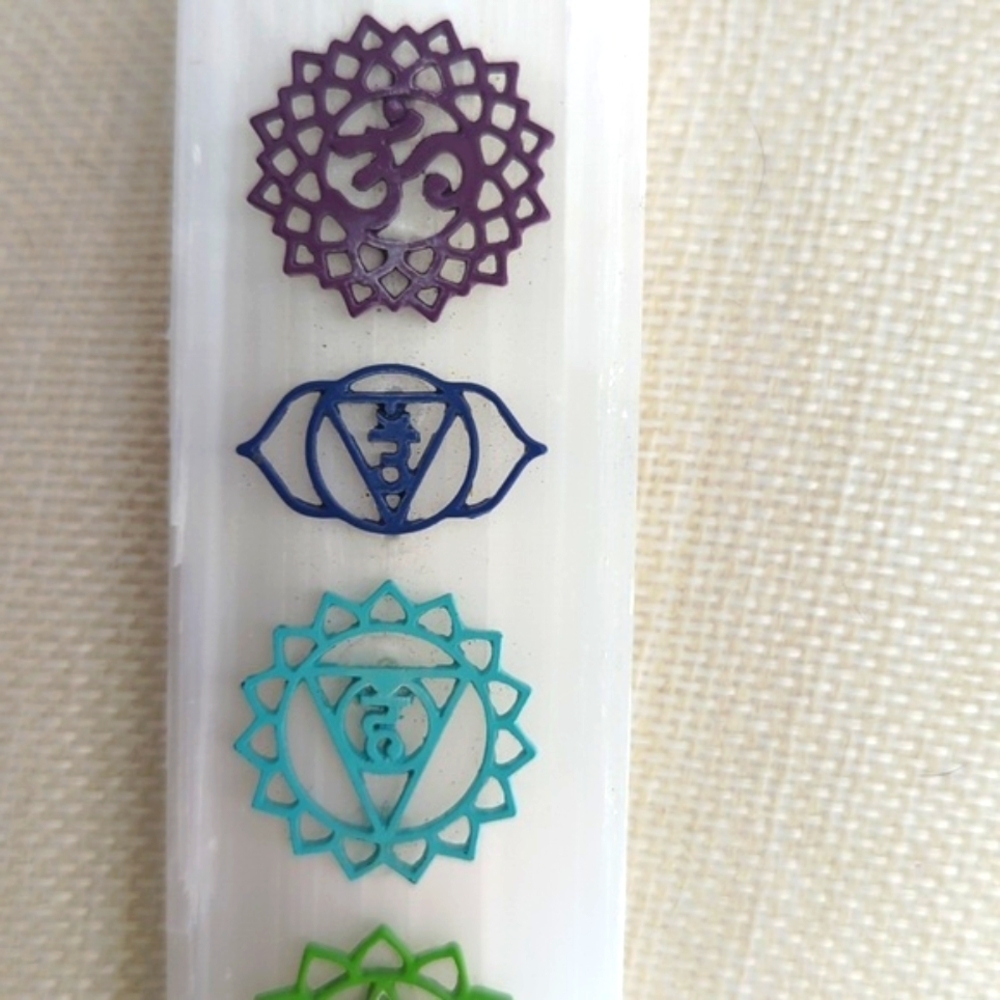 Selenite Wand with Colorful Chakra Symbols 8" Long - Picture 2 of 4